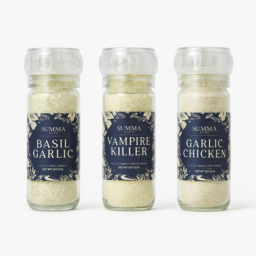 Garlic Lovers Trio – Basil Garlic, Vampire Killer, and Garlic Chicken Sea Salt Grinders from Summa Salts