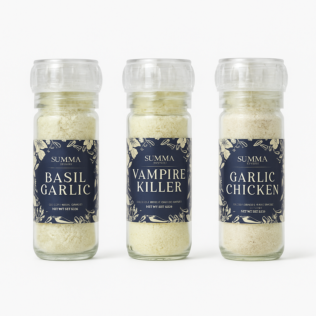 Garlic Lovers Trio – Basil Garlic, Vampire Killer, and Garlic Chicken Sea Salt Grinders from Summa Salts