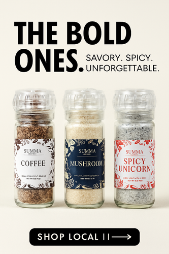 Promotional image of Summa Salts' “The Bold Ones” trio featuring Coffee, Mushroom, and Spicy Unicorn salts with bold black text reading “Savory. Spicy. Unforgettable.” above the jars.