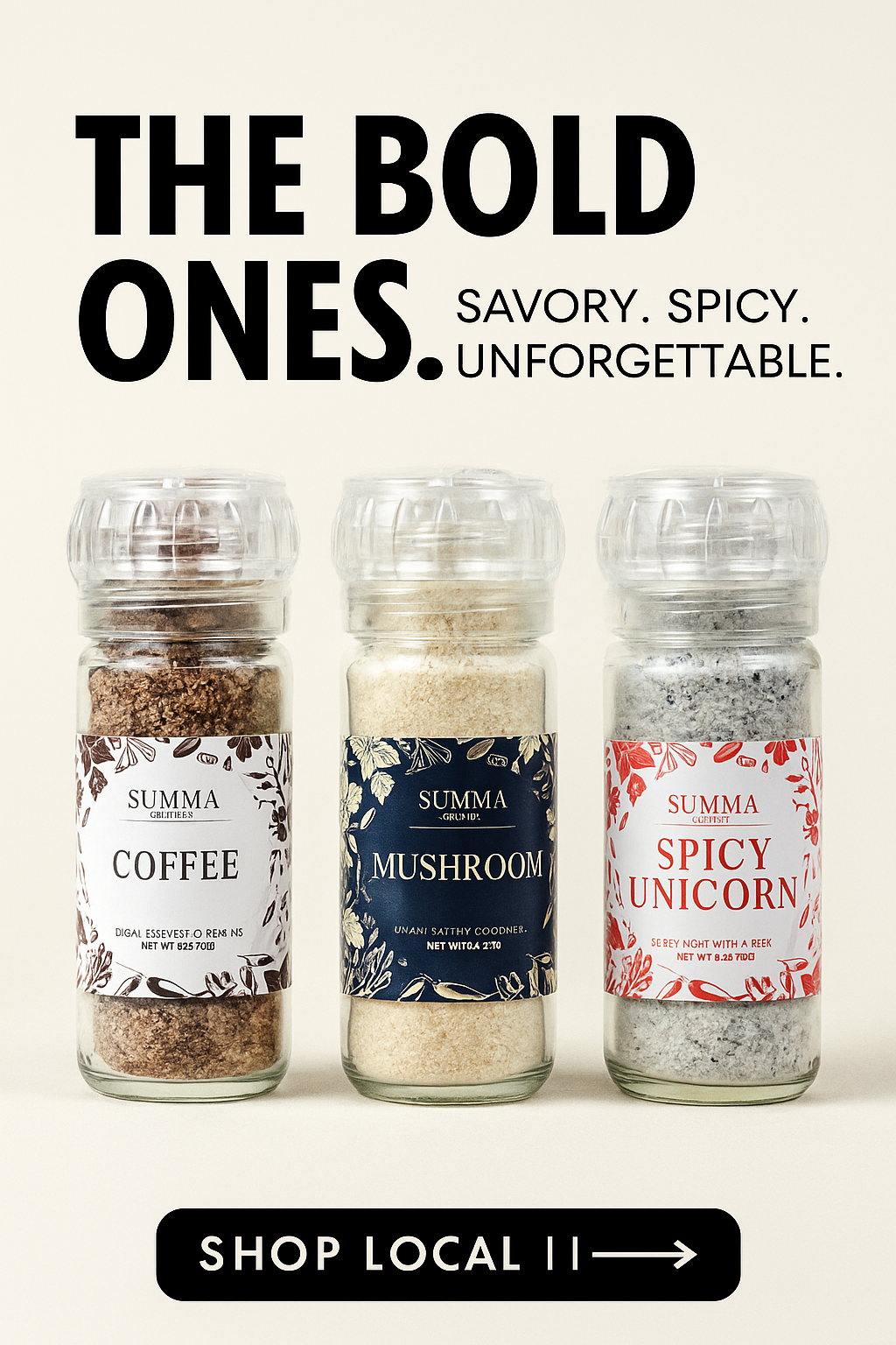 Promotional image of Summa Salts' “The Bold Ones” trio featuring Coffee, Mushroom, and Spicy Unicorn salts with bold black text reading “Savory. Spicy. Unforgettable.” above the jars.